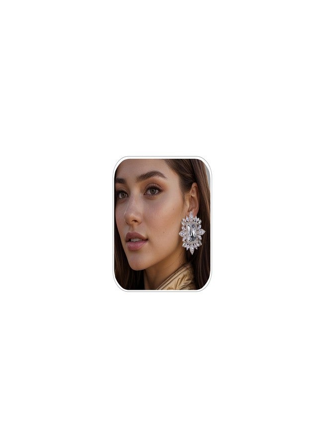 XSBODY Large Silver Rhinestone Clip On Earrings For Women Non Pierced Bling Crystal Statement Earrings Formal Trendy (Silver) - Image 1